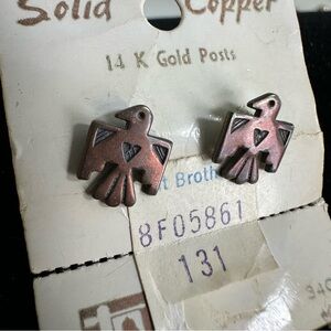 Vintage Copper Thunderbird Pierced Earrings – 14K Gold Posts, NEW WITH TAGS